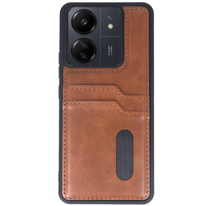 Xiaomi Redmi 13c Kılıf Sara Kartvizitli Deri Kılıf - Taba