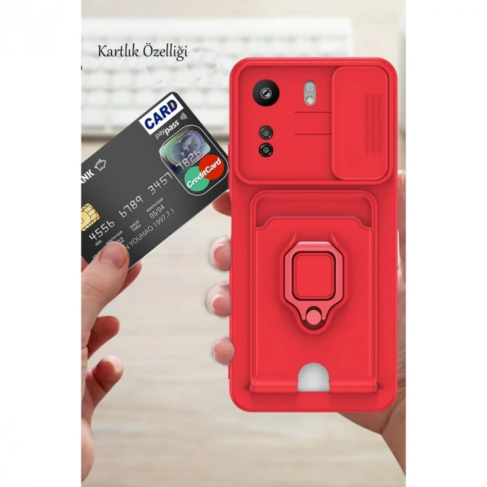 Xiaomi Redmi 13c Kılıf Zuma Kartvizitli Yüzüklü Silikon - Kırmızı