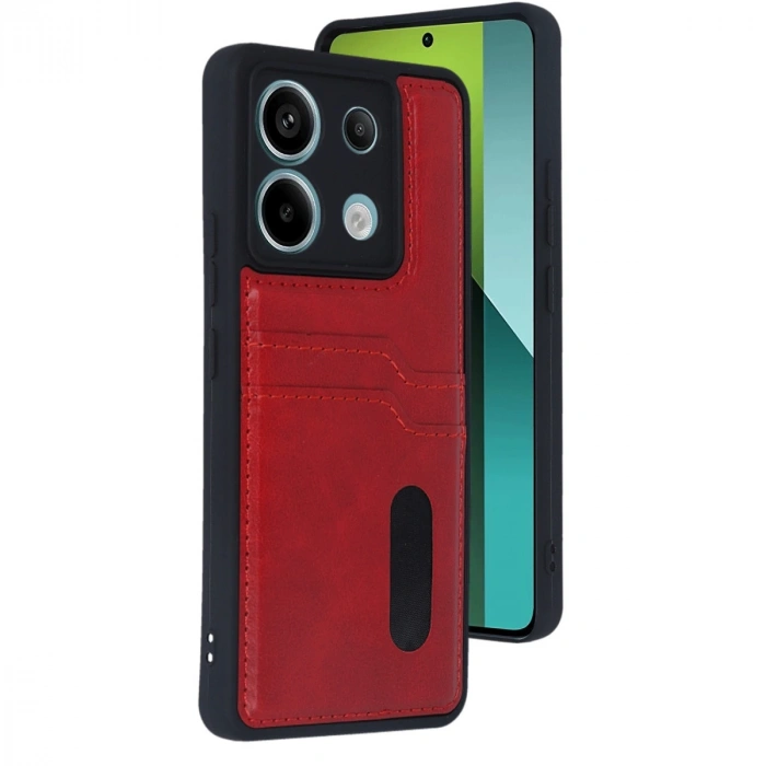 Xiaomi Redmi Note 13 Pro 4g Kılıf Sara Kartvizitli Deri Kılıf - Kırmızı