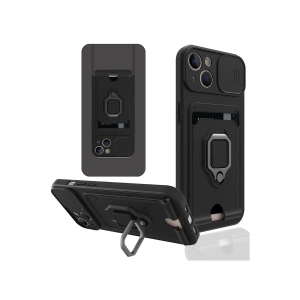 İphone 14 Kılıf Zuma Kartvizitli Yüzüklü Silikon - Siyah