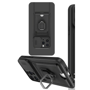 İphone 15 Pro Kılıf Zuma Kartvizitli Yüzüklü Silikon - Siyah