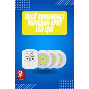 Yapışkanlı 3lü Spot Led Işık Lamba Montajsız Pilli Uzaktan Kumandalı