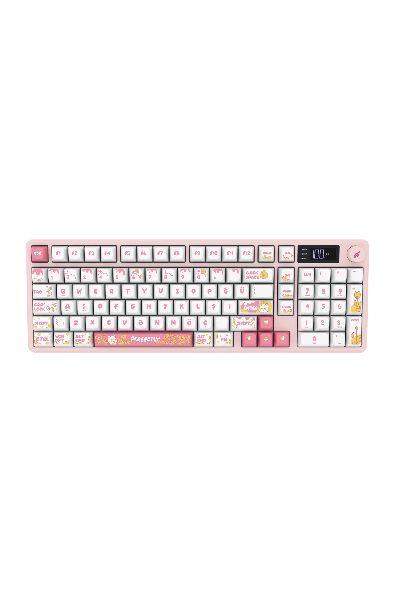 Hawk Gaming HK258 Membrane LCD RGB Kablosuz/Bluetooth Beyaz Pembe Full Türkçe Gaming Klavye