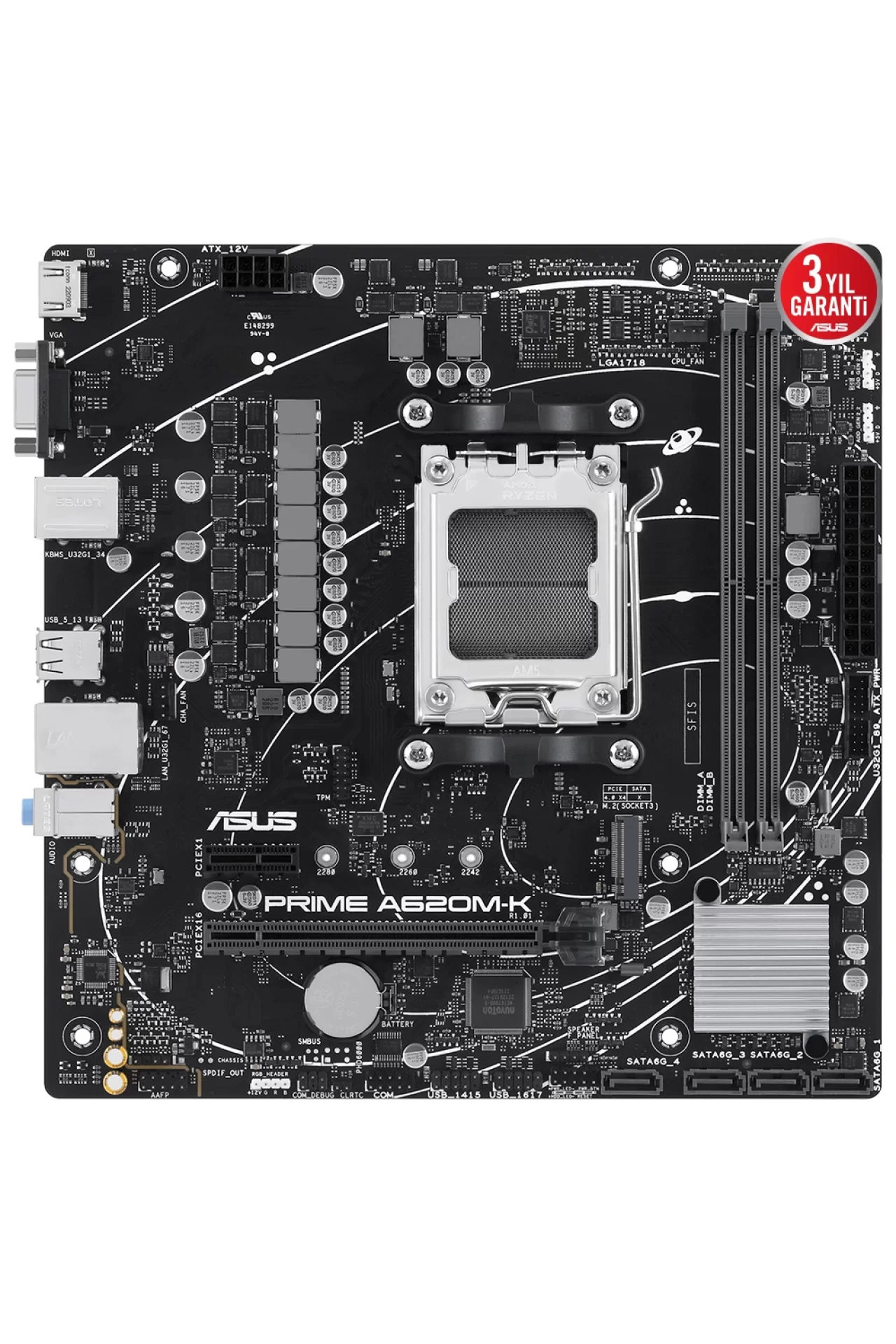 Asus Prime A620M-K DDR5 (6400MHz)OC M.2 VGA/HDMI PCIe 4.0 AM5 mATX Anakart