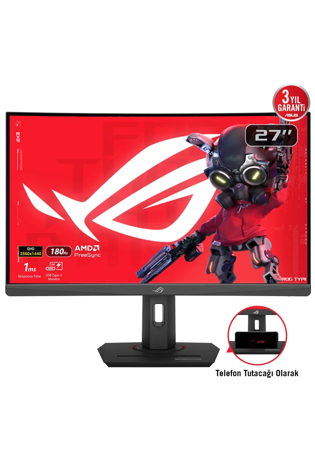 Asus ROG Strix XG27WCS 27 inç WQHD 2K 180Hz 1ms FreeSync VA Kavisli Gaming Monitör Siyah
