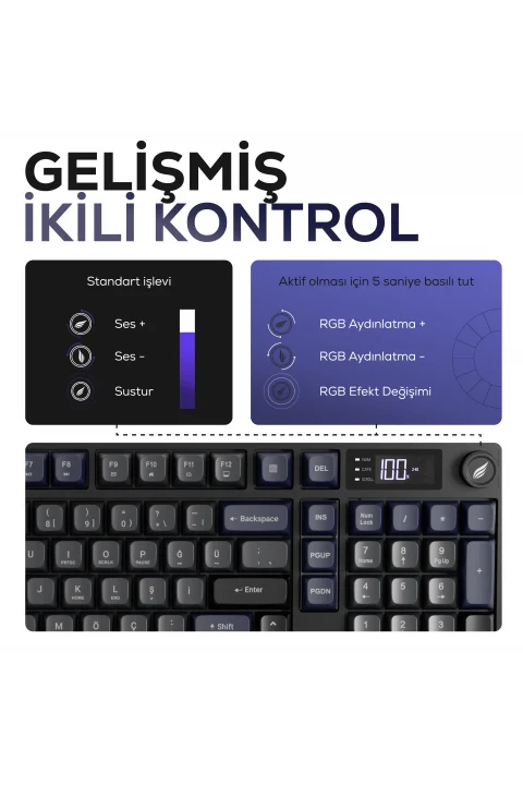 HK258 Membrane LCD RGB Kablosuz/Bluetooth Gri Mor Full Türkçe Gaming Oyuncu Klavye gorsel buton 4
