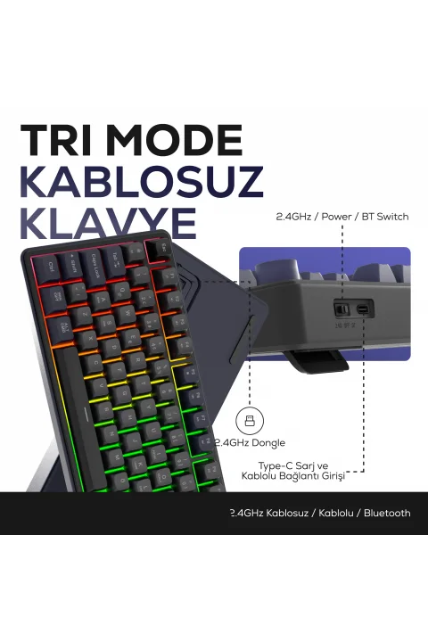 HK258 Membrane LCD RGB Kablosuz/Bluetooth Gri Mor Full Türkçe Gaming Oyuncu Klavye gorsel buton 3