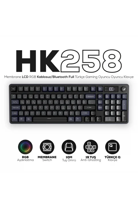 HK258 Membrane LCD RGB Kablosuz/Bluetooth Gri Mor Full Türkçe Gaming Oyuncu Klavye gorsel buton 1
