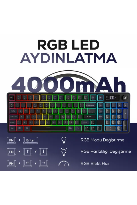HK258 Membrane LCD RGB Kablosuz/Bluetooth Gri Mor Full Türkçe Gaming Oyuncu Klavye gorsel buton 2