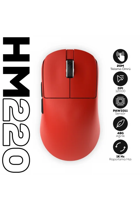 HM220 1K Hz 12000 DPI PixArt 3311 Tri-Mode Kablosuz/Bluetooth Kırmızı Gaming Oyuncu Mouse gorsel buton 1