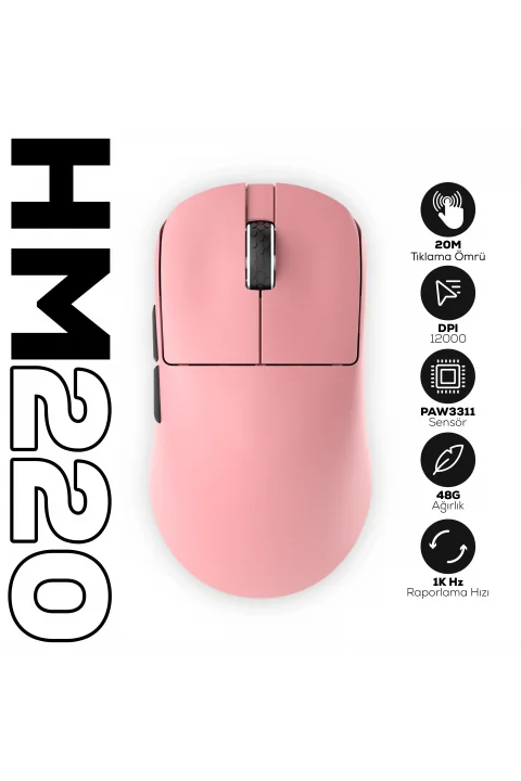 HM220 1K Hz 12000 DPI PixArt 3311 Tri-Mode Kablosuz/Bluetooth Pembe Gaming Oyuncu Mouse gorsel buton 1