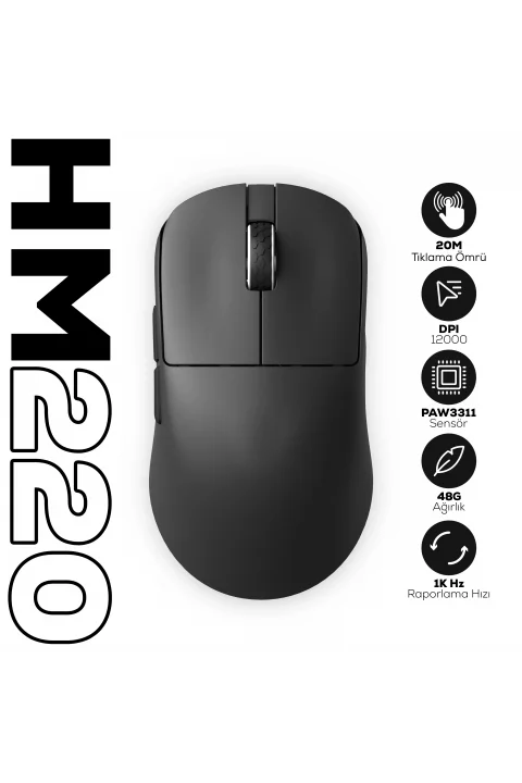 HM220 1K Hz 12000 DPI Tri-Mode Kablosuz/Bluetooth Siyah Gaming Oyuncu Mouse gorsel buton 1