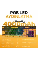 HK258 Membrane LCD RGB Kablosuz/Bluetooth Cyber Sarı Siyah Full Türkçe Gaming Oyuncu Klavye