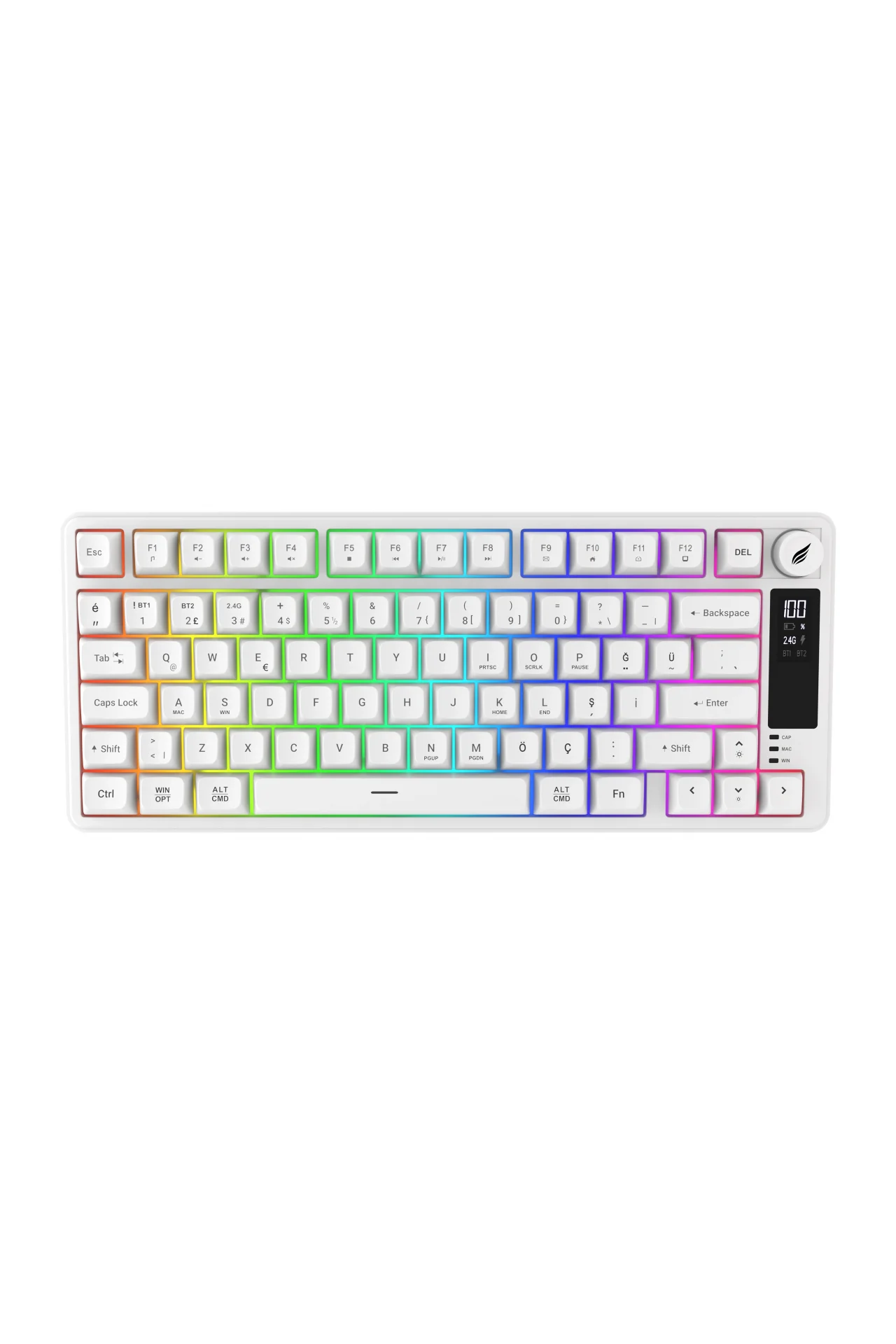 HK255 Membrane LCD RGB Kablosuz/Bluetooth Beyaz %75 Türkçe Gaming Oyuncu Klavye