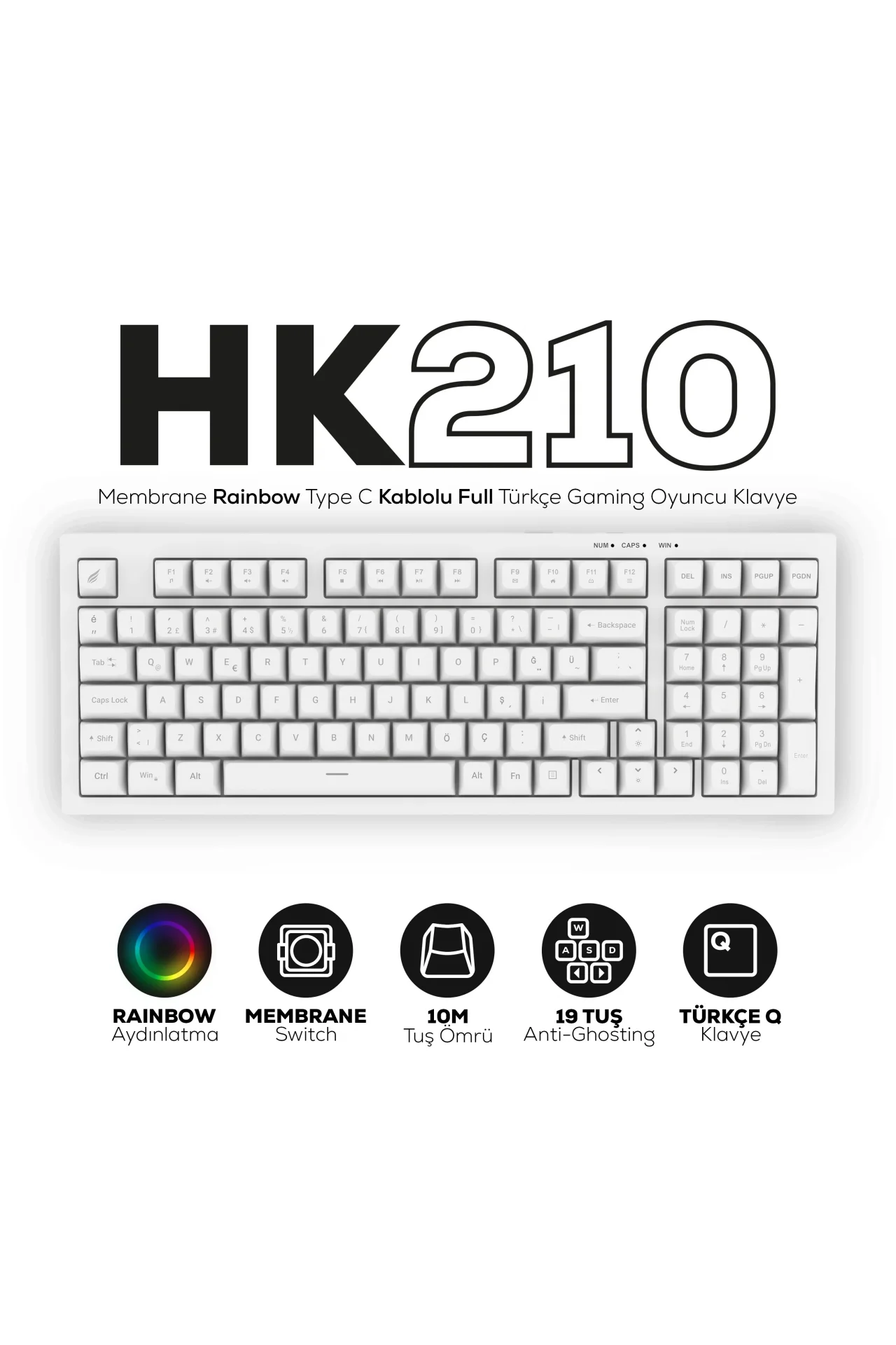HK210 Membrane Rainbow Type C Kablolu Beyaz Full Türkçe Gaming Oyuncu Klavye