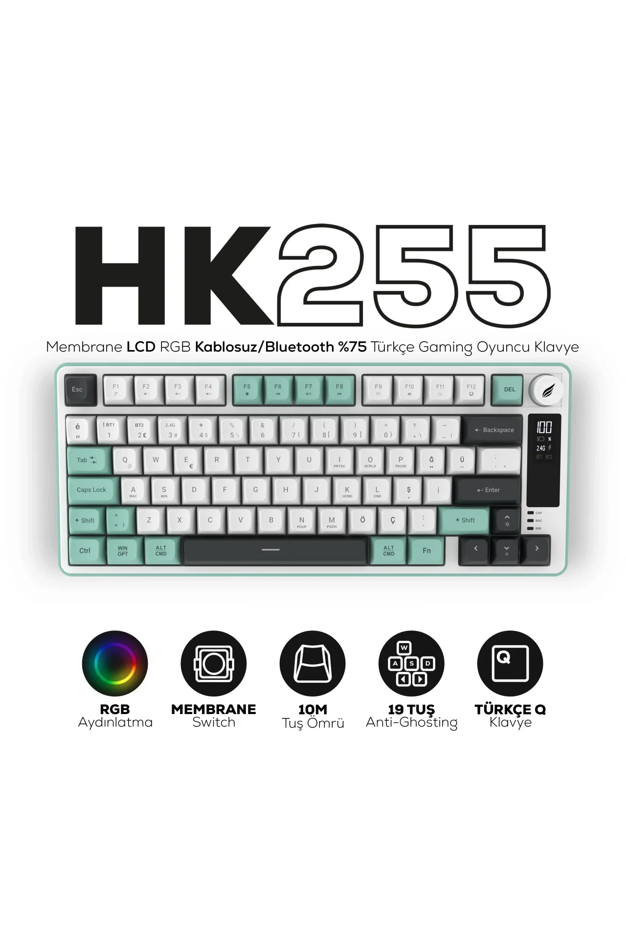 HK255 Membrane LCD RGB Kablosuz/Bluetooth Gri Yeşil %75 Türkçe Gaming Oyuncu Klavye