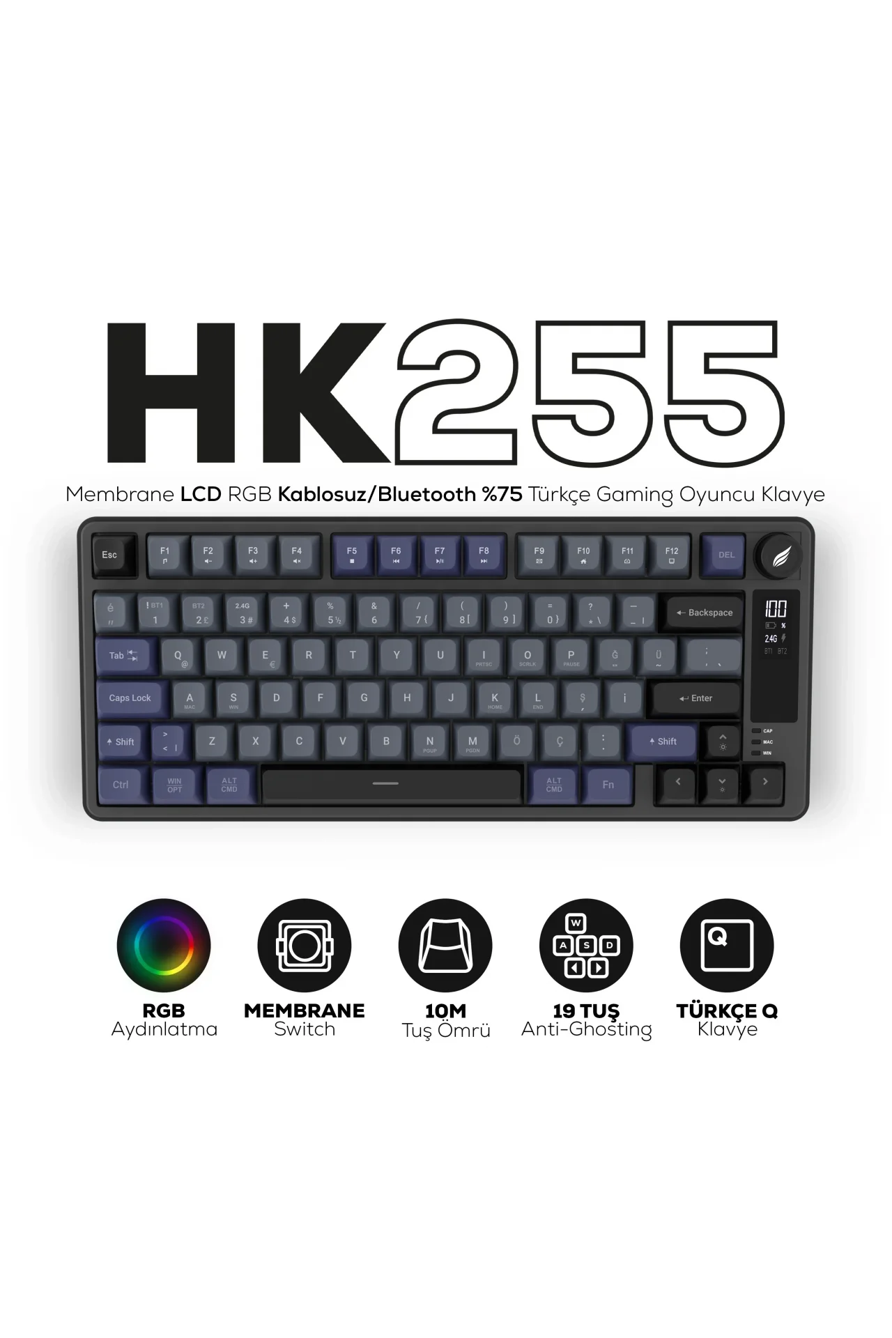 HK255 Membrane LCD RGB Kablosuz/Bluetooth Gri Mor %75 Türkçe Gaming Oyuncu Klavye