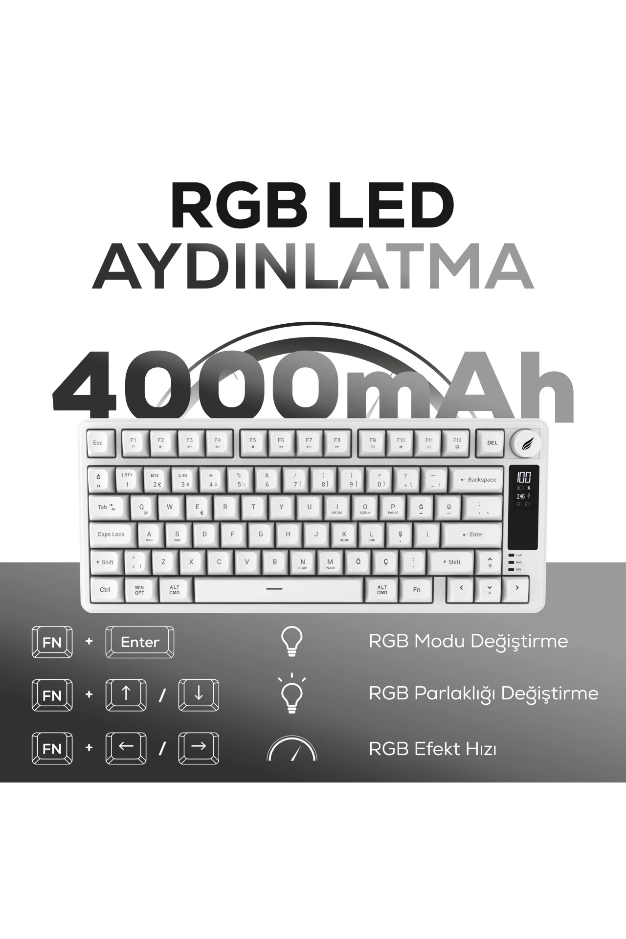 HK255 Membrane LCD RGB Kablosuz/Bluetooth Beyaz %75 Türkçe Gaming Oyuncu Klavye