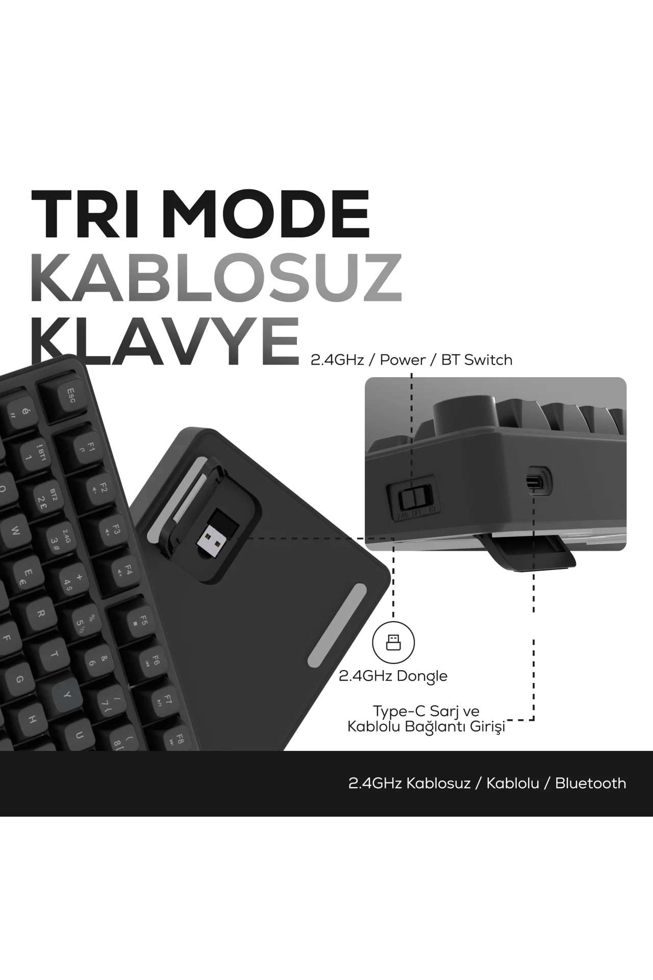 HK255 Membrane LCD RGB Kablosuz/Bluetooth Siyah %75 Türkçe Gaming Oyuncu Klavye