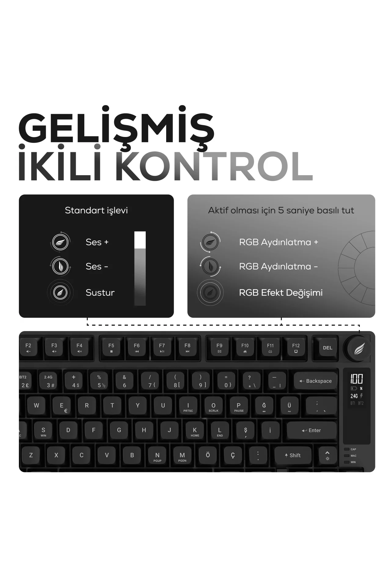 HK255 Membrane LCD RGB Kablosuz/Bluetooth Siyah %75 Türkçe Gaming Oyuncu Klavye