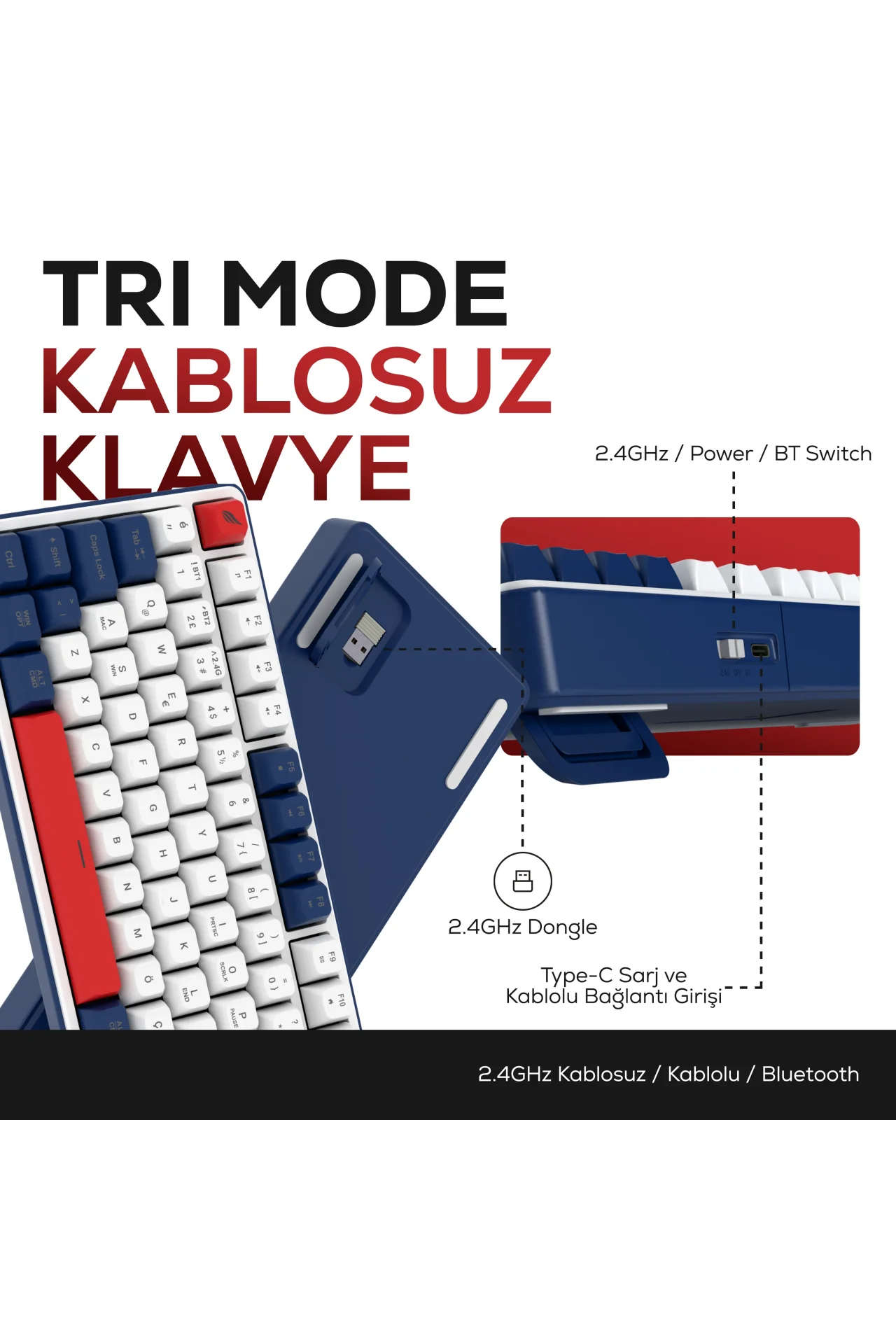 HK257 Membrane LCD RGB Kablosuz/Bluetooth Kırmızı Mavi Full Türkçe Gaming Klavye