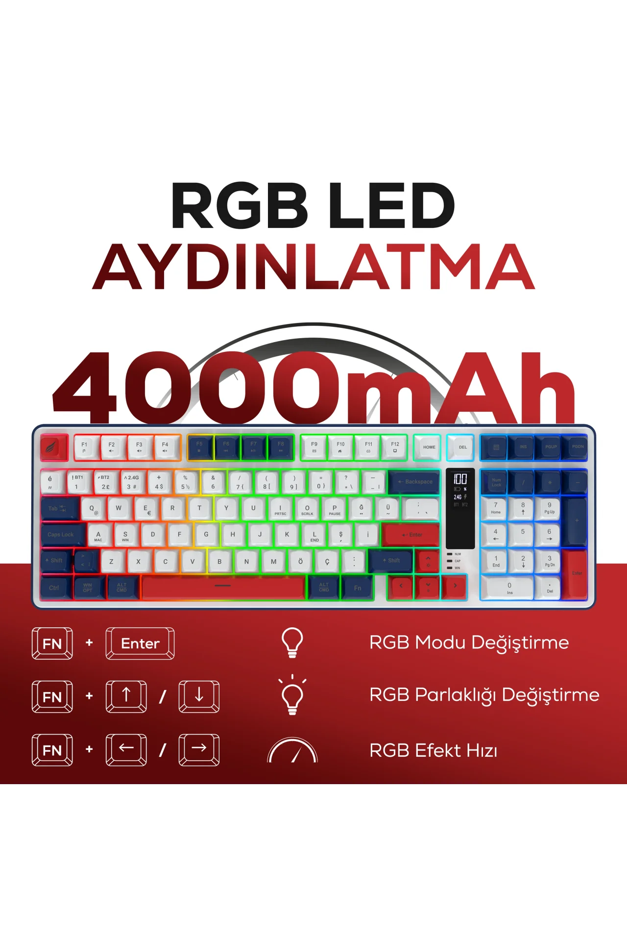 HK257 Membrane LCD RGB Kablosuz/Bluetooth Kırmızı Mavi Full Türkçe Gaming Klavye
