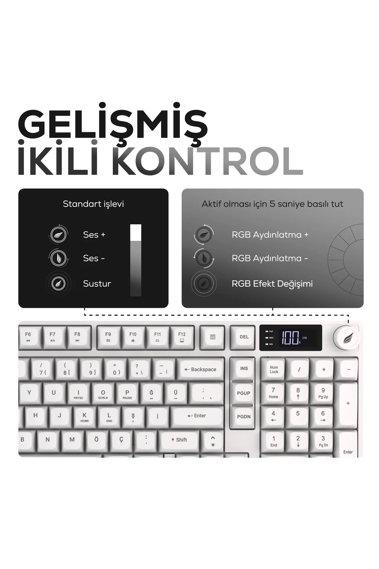 HK258 Membrane LCD RGB Kablosuz/Bluetooth Beyaz Full Türkçe Gaming Oyuncu Klavye