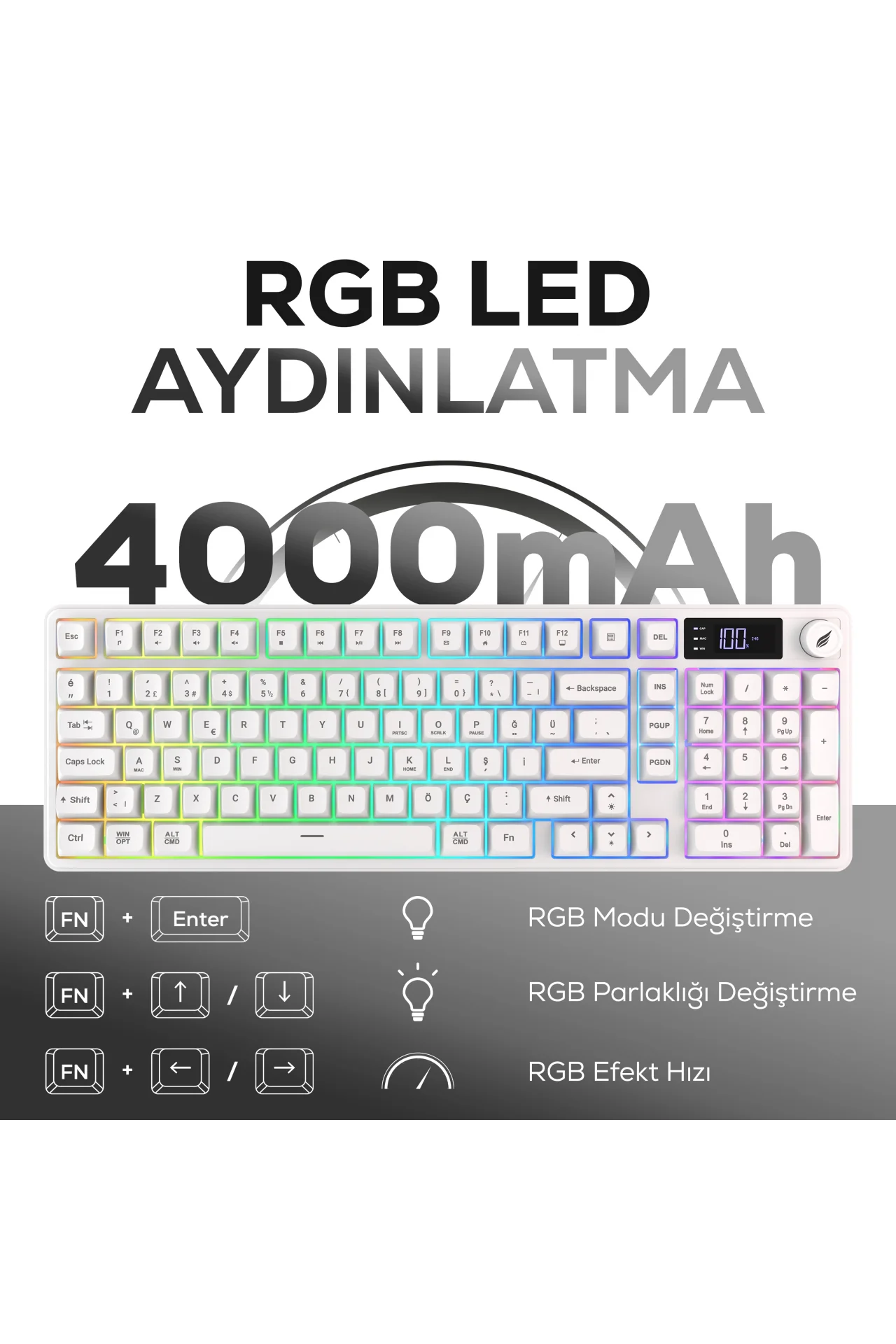 HK258 Membrane LCD RGB Kablosuz/Bluetooth Beyaz Full Türkçe Gaming Oyuncu Klavye