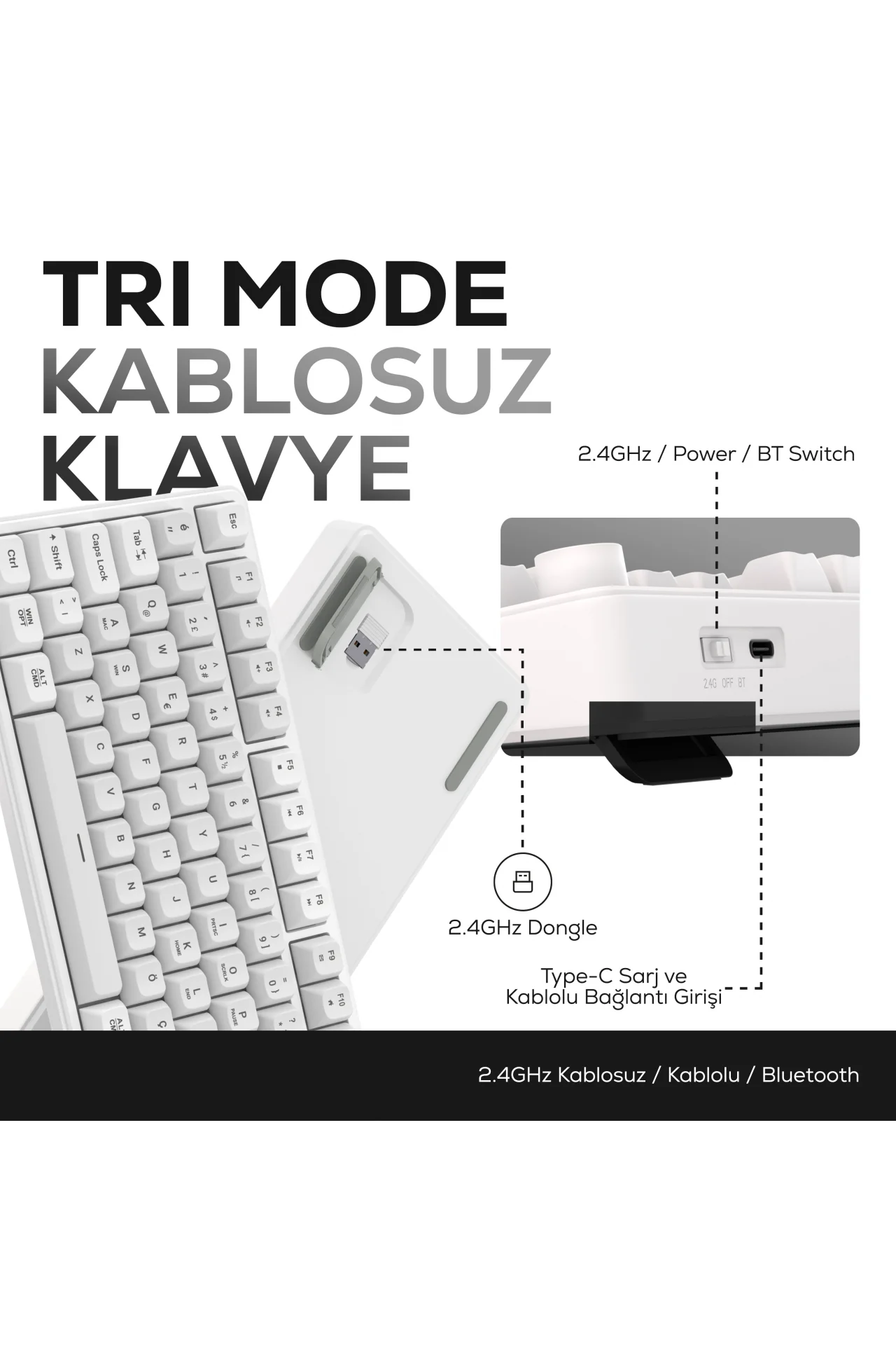 HK258 Membrane LCD RGB Kablosuz/Bluetooth Beyaz Full Türkçe Gaming Oyuncu Klavye