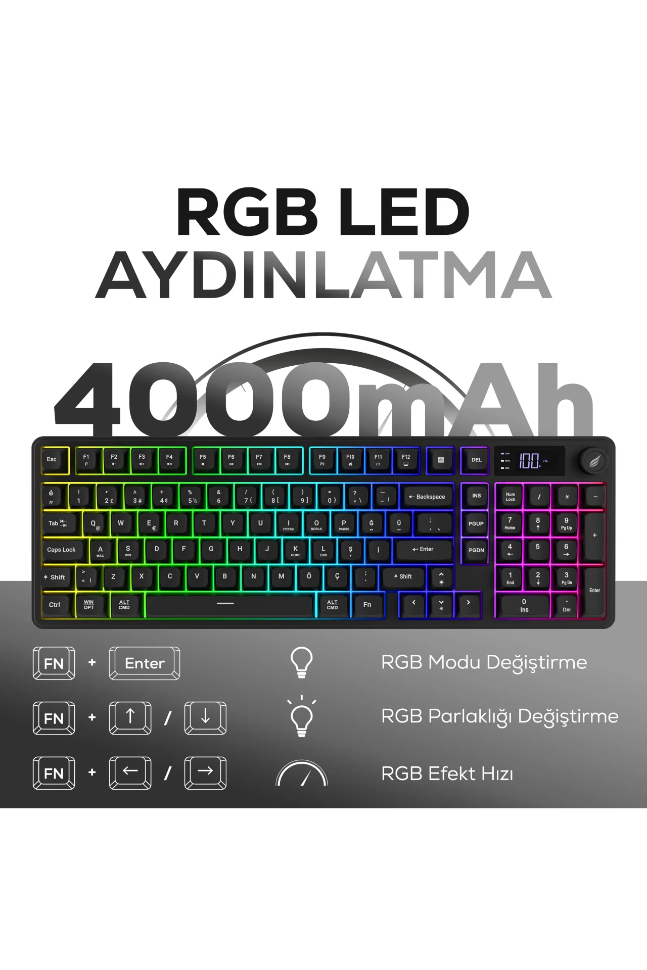 HK258 Membrane LCD RGB Kablosuz/Bluetooth Siyah Full Türkçe Gaming Oyuncu Klavye