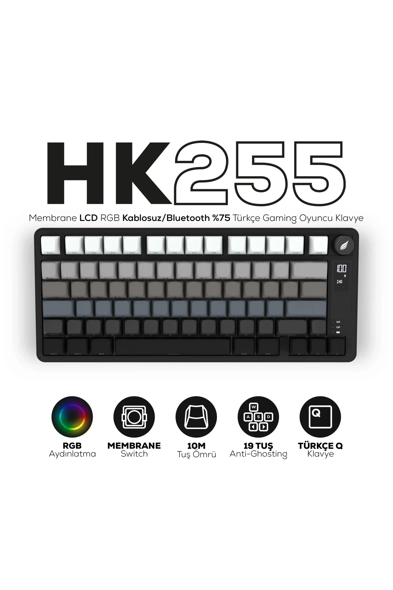 HK255 Membrane LCD RGB Kablosuz/Bluetooth Siyah Gradyan %75 Türkçe Gaming Klavye