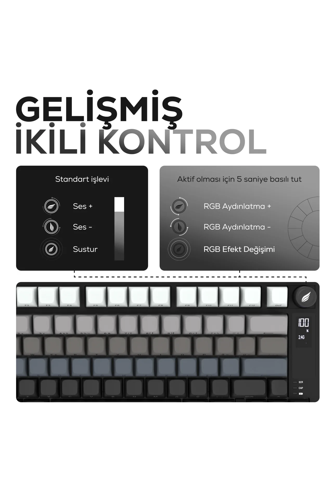 HK255 Membrane LCD RGB Kablosuz/Bluetooth Siyah Gradyan %75 Türkçe Gaming Klavye