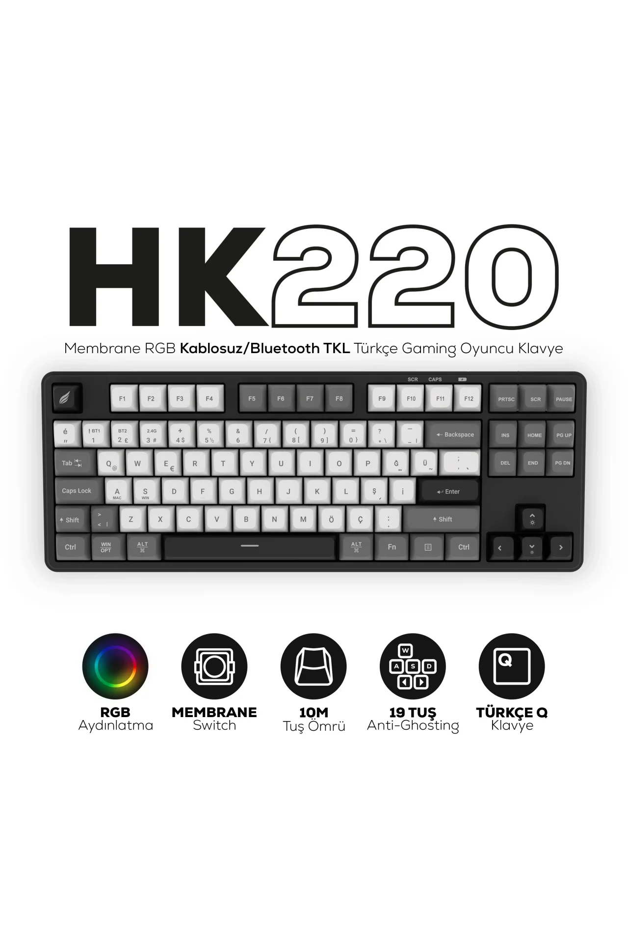 HK220 Membrane RGB Kablosuz/Bluetooth Siyah Beyaz TKL Türkçe Gaming Oyuncu Klavye