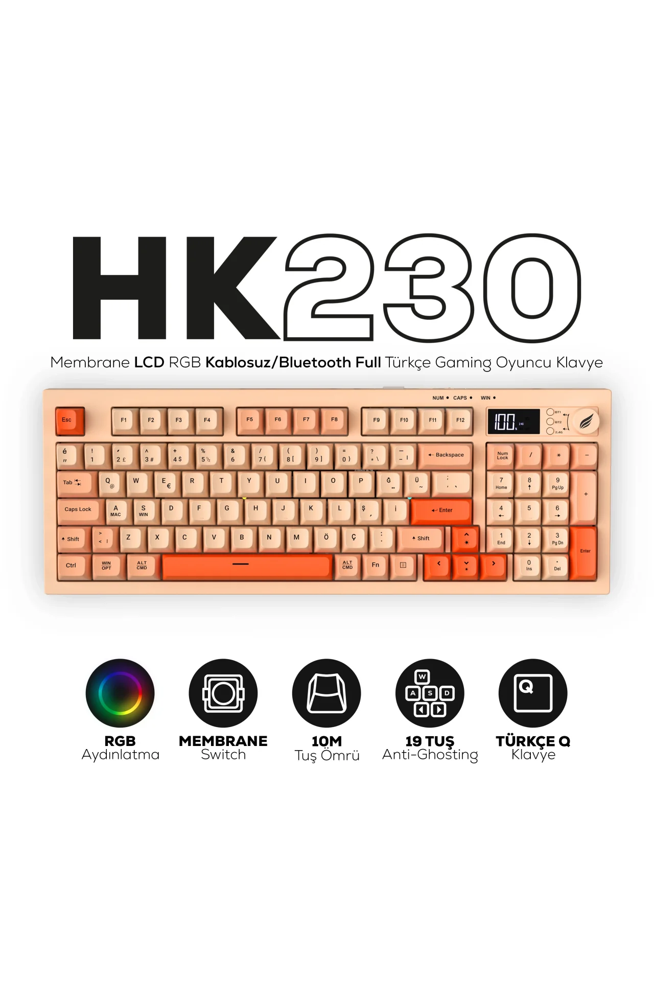 HK230 Membrane LCD RGB Kablosuz/Bluetooth Pembe Turuncu Full Türkçe Gaming Oyuncu Klavye