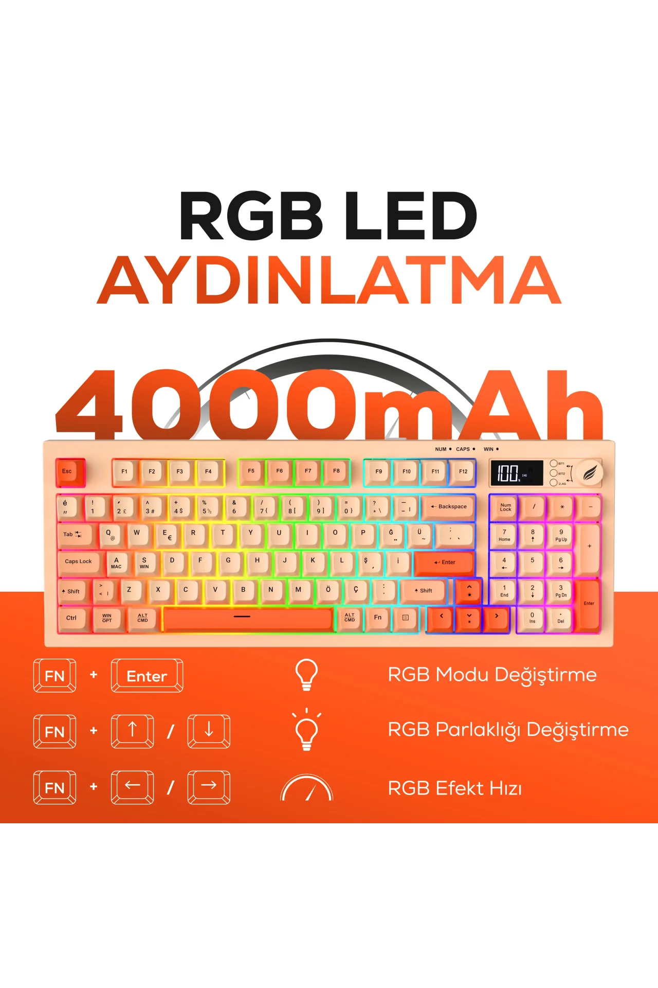 HK230 Membrane LCD RGB Kablosuz/Bluetooth Pembe Turuncu Full Türkçe Gaming Oyuncu Klavye