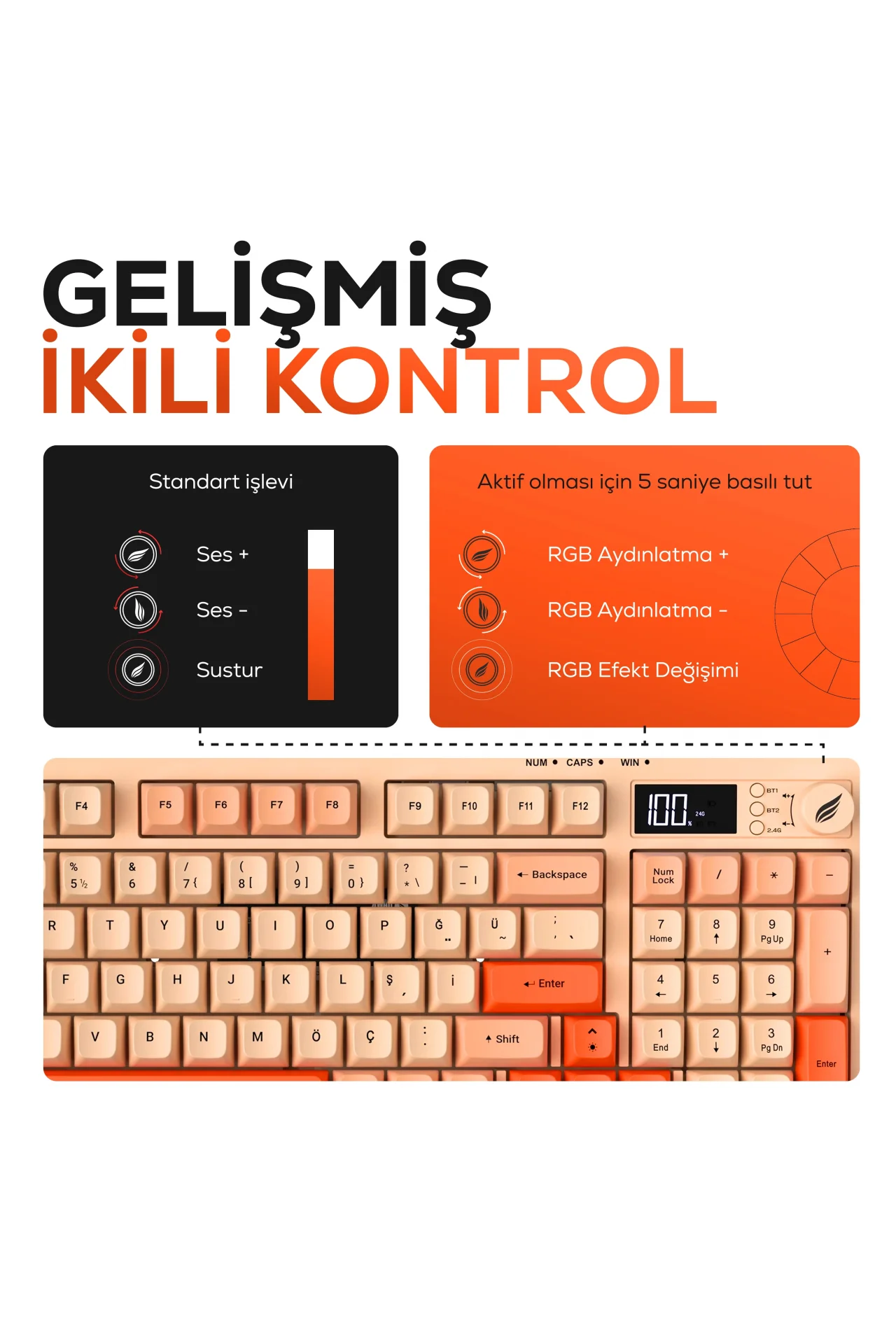 HK230 Membrane LCD RGB Kablosuz/Bluetooth Pembe Turuncu Full Türkçe Gaming Oyuncu Klavye