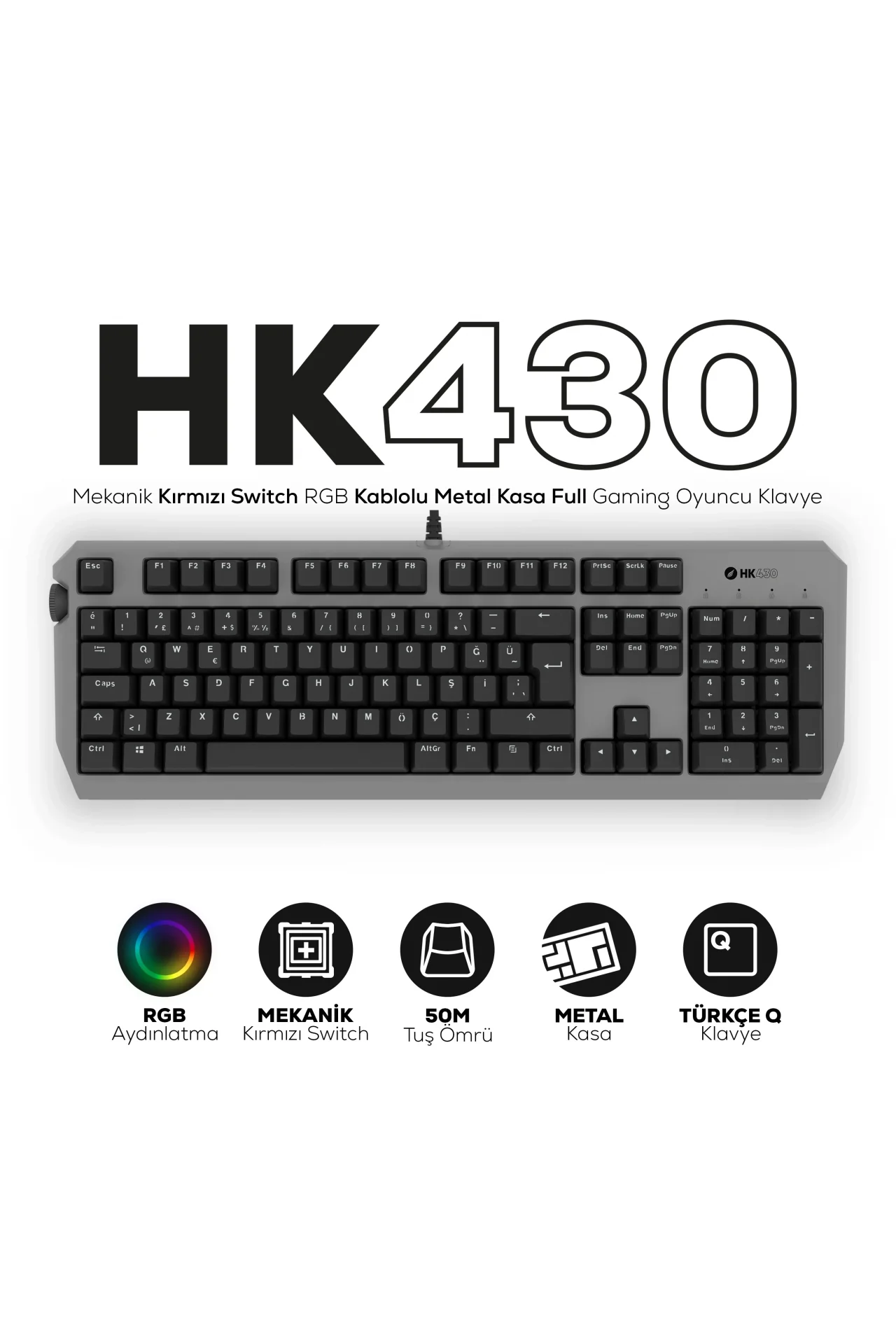 HK430 Mekanik Kırmızı Switch RGB Kablolu Metal Kasa Full Gaming Oyuncu Klavye