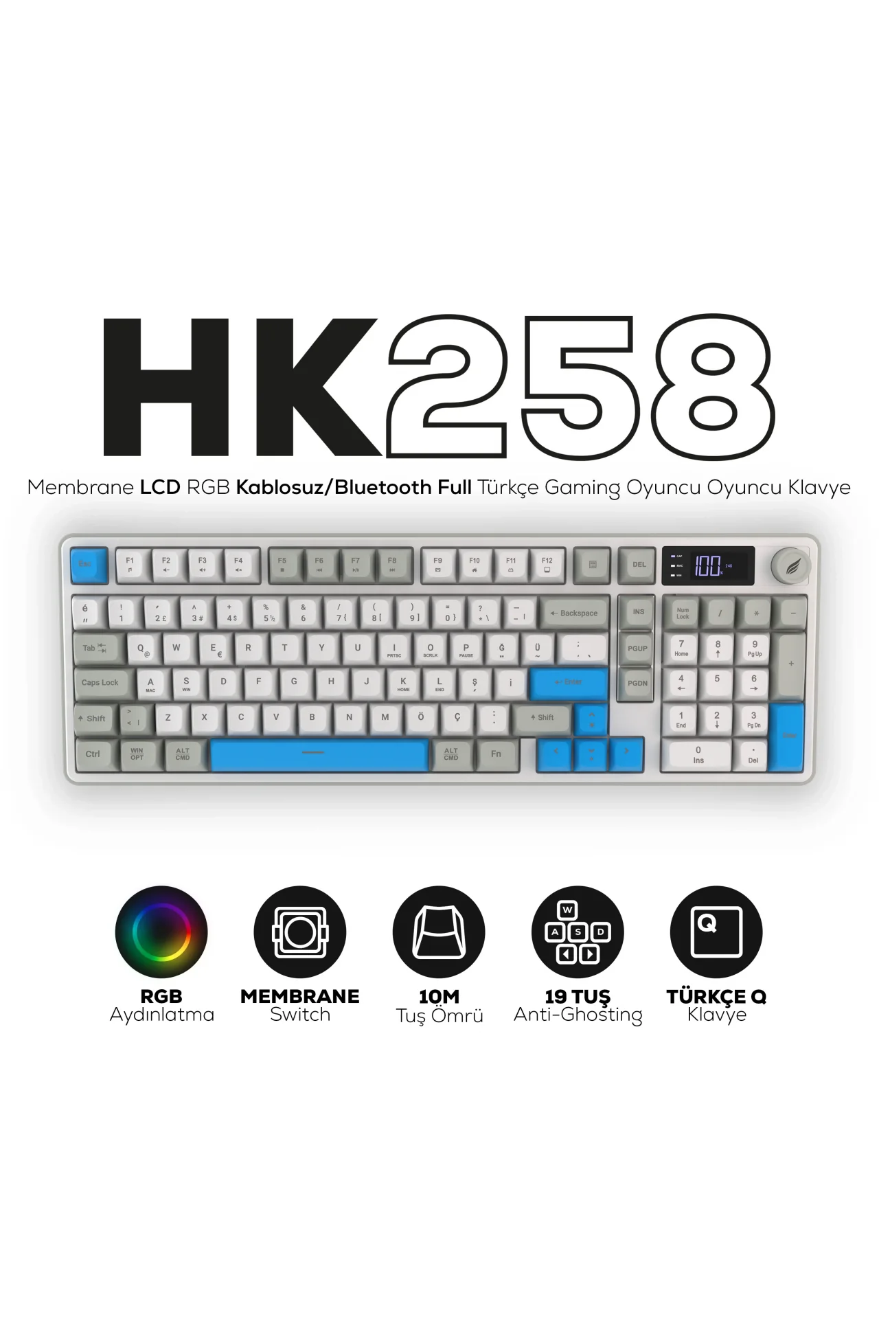 HK258 Membrane LCD RGB Kablosuz/Bluetooth Beyaz Mavi Full Türkçe Gaming Oyuncu Klavye