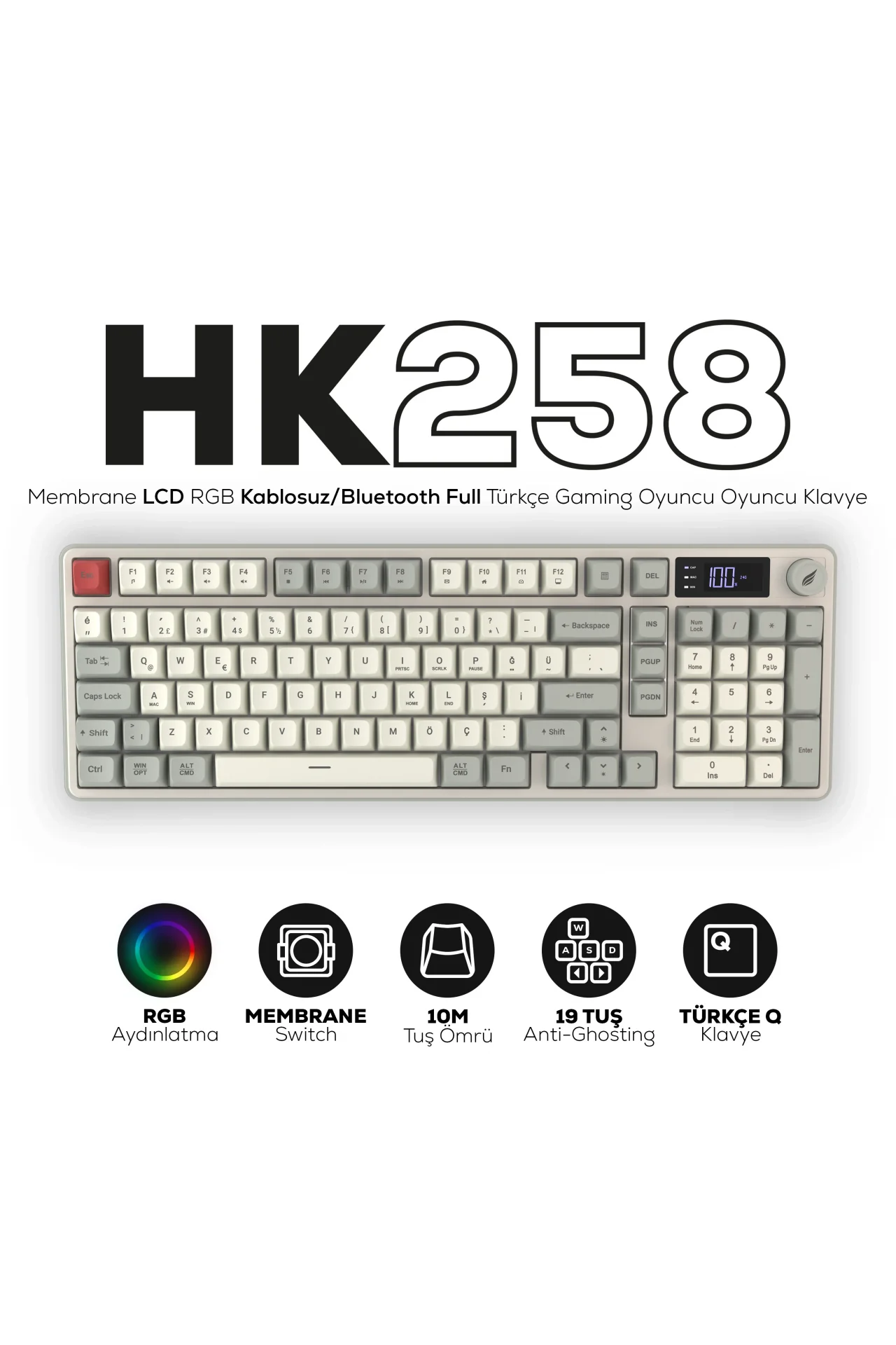 HK258 Membrane LCD RGB Kablosuz/Bluetooth Kırmızı Haki Full Türkçe Gaming Oyuncu Klavye