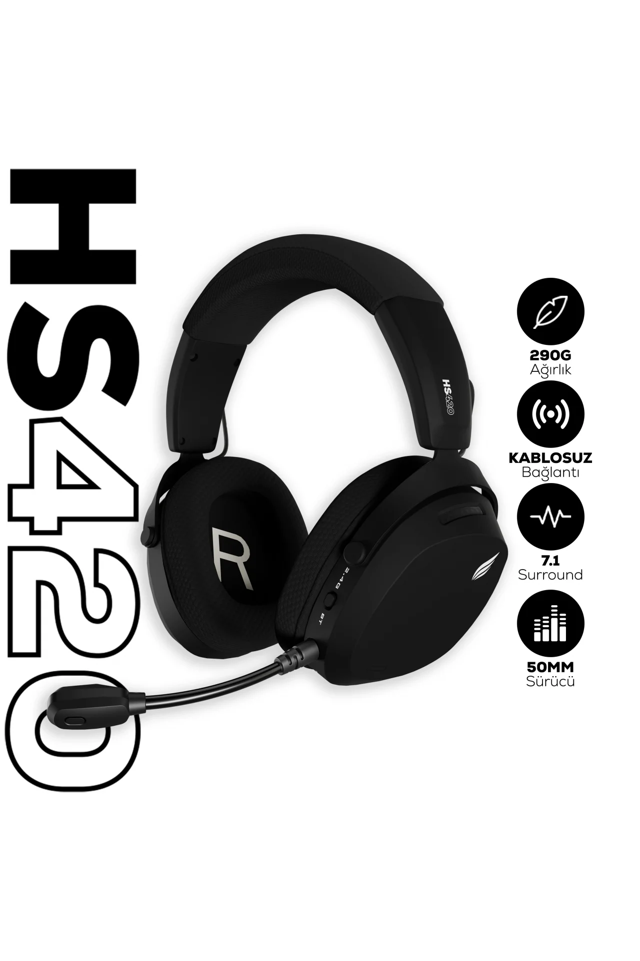 HS420 7.1 Surround Tri-Mode Kablosuz/Bluetooth Siyah Oyuncu Kulaklığı