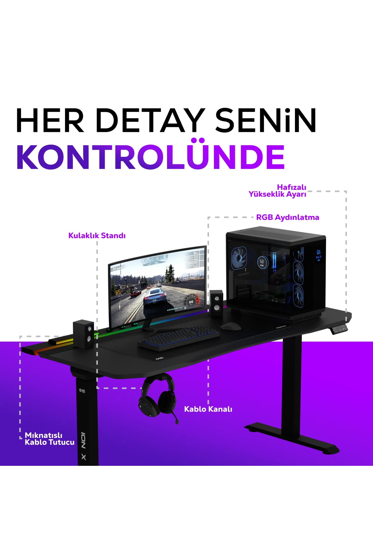 ION X Çift Motorlu Yükseklik Ayarlı RGB 160x80 Siyah Renk Çalışma ve Oyuncu Masası