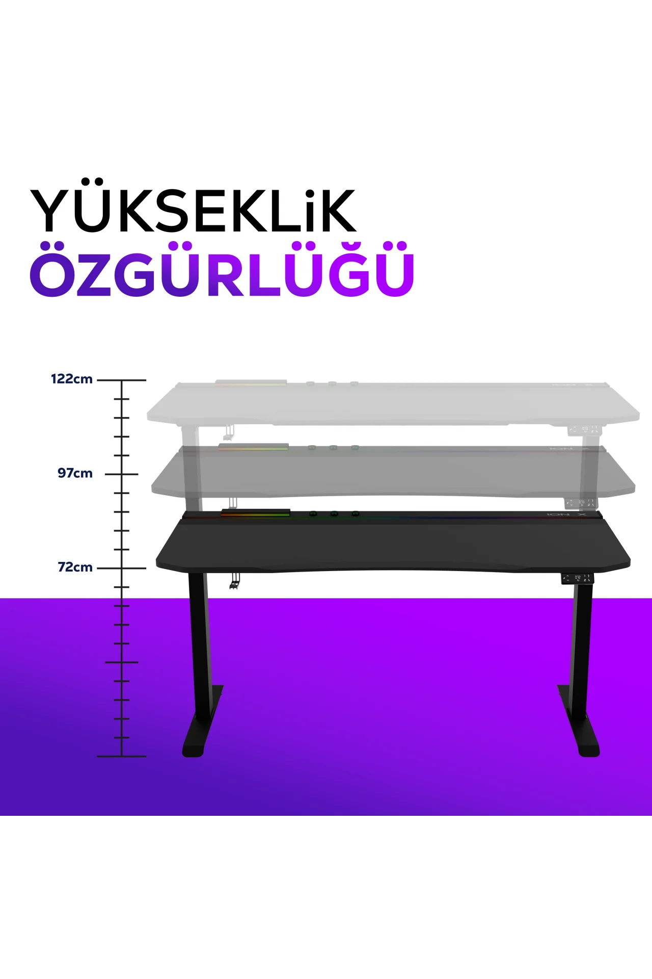 ION X Çift Motorlu Yükseklik Ayarlı RGB 160x80 Siyah Renk Çalışma ve Oyuncu Masası