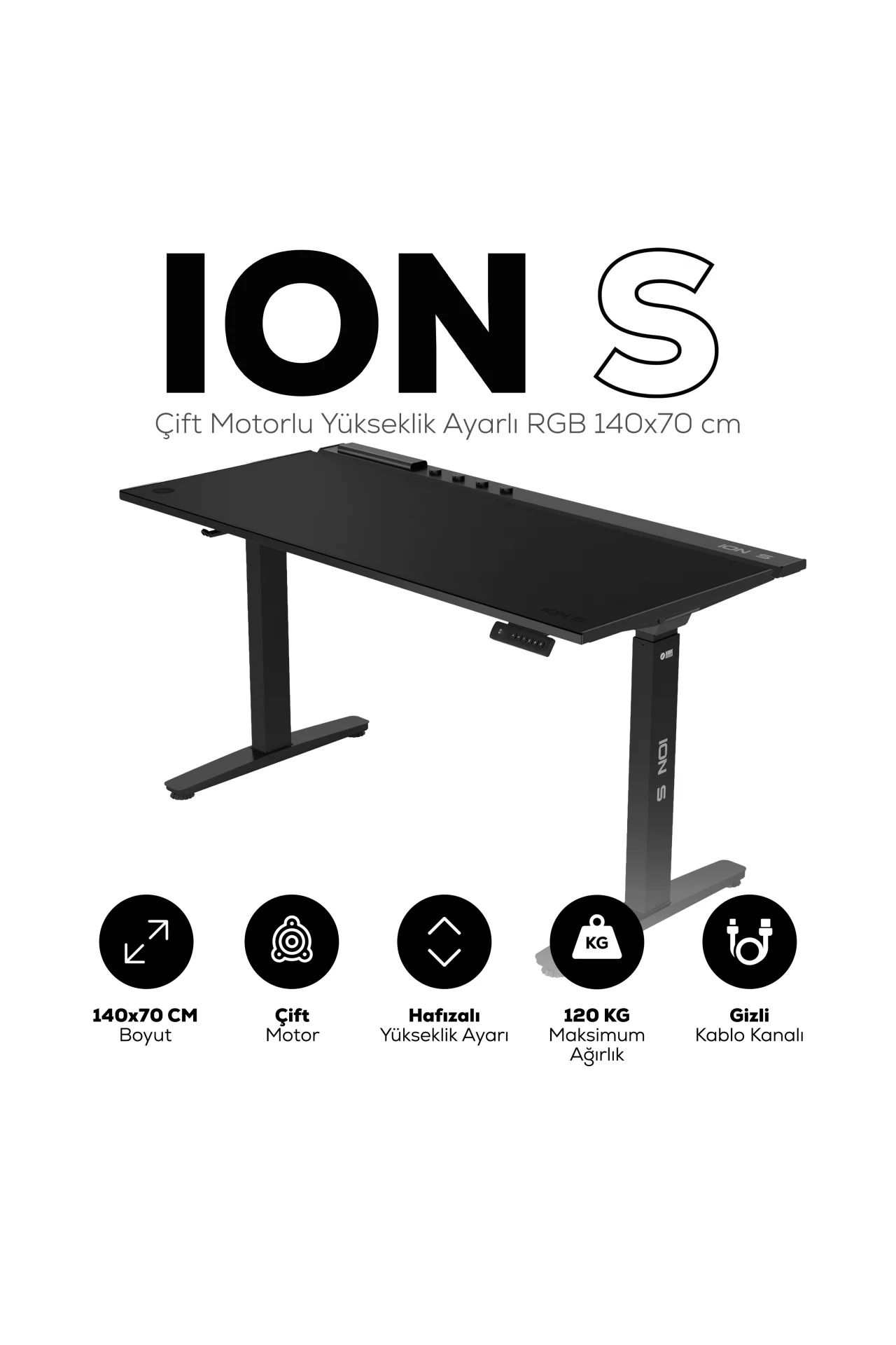 ION S Çift Motorlu Yükseklik Ayarlı RGB 140x70 Siyah Renk Çalışma ve Oyuncu Masası