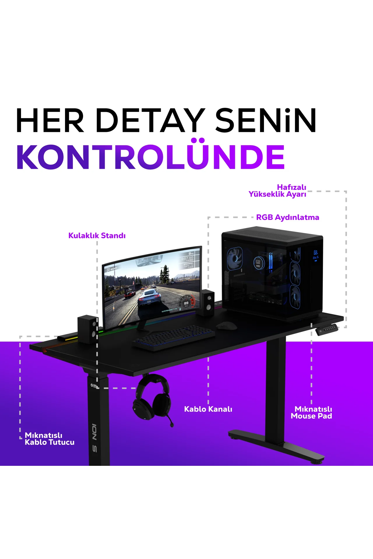 ION S Çift Motorlu Yükseklik Ayarlı RGB 140x70 Siyah Renk Çalışma ve Oyuncu Masası