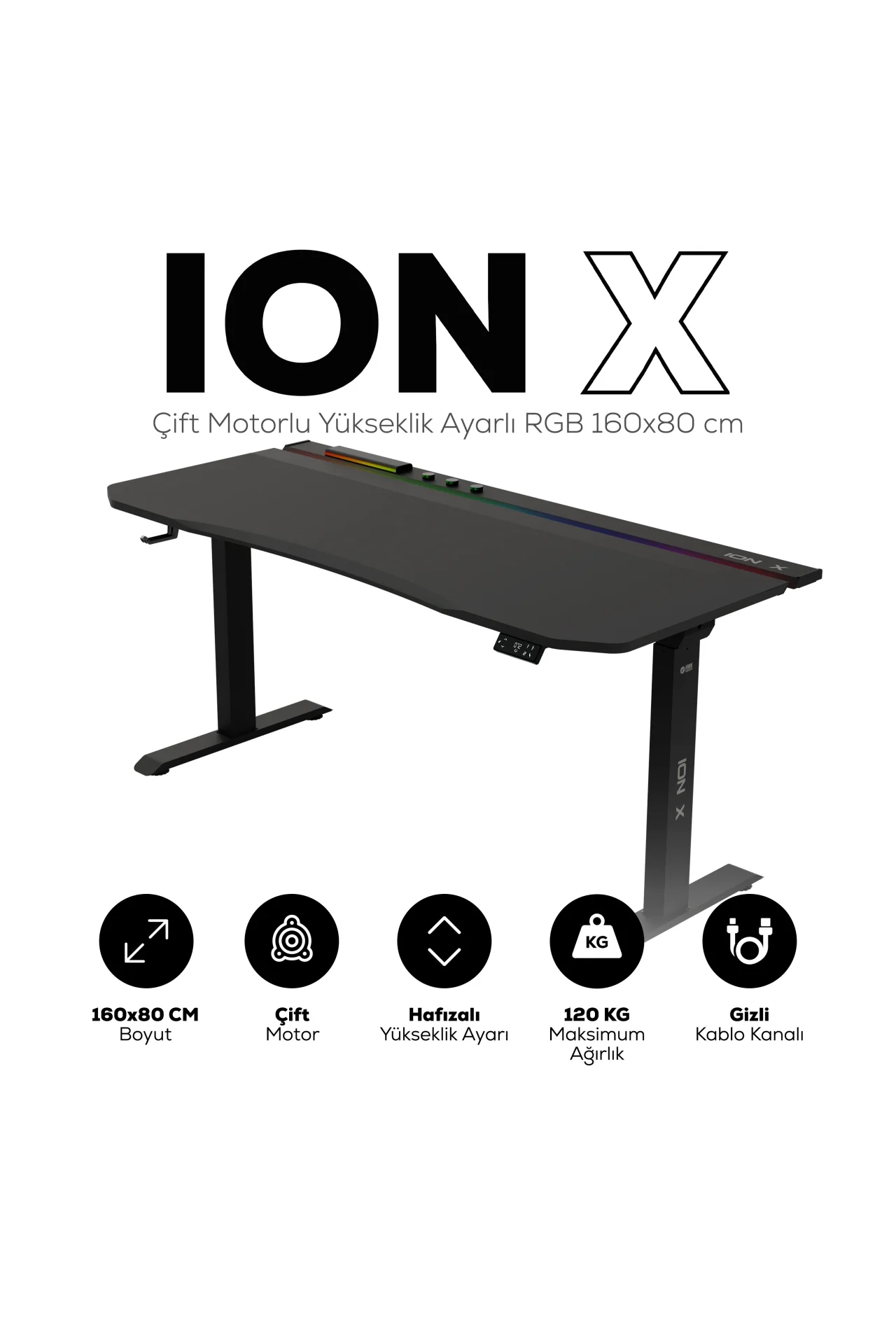 ION X Çift Motorlu Yükseklik Ayarlı RGB 160x80 Siyah Renk Çalışma ve Oyuncu Masası