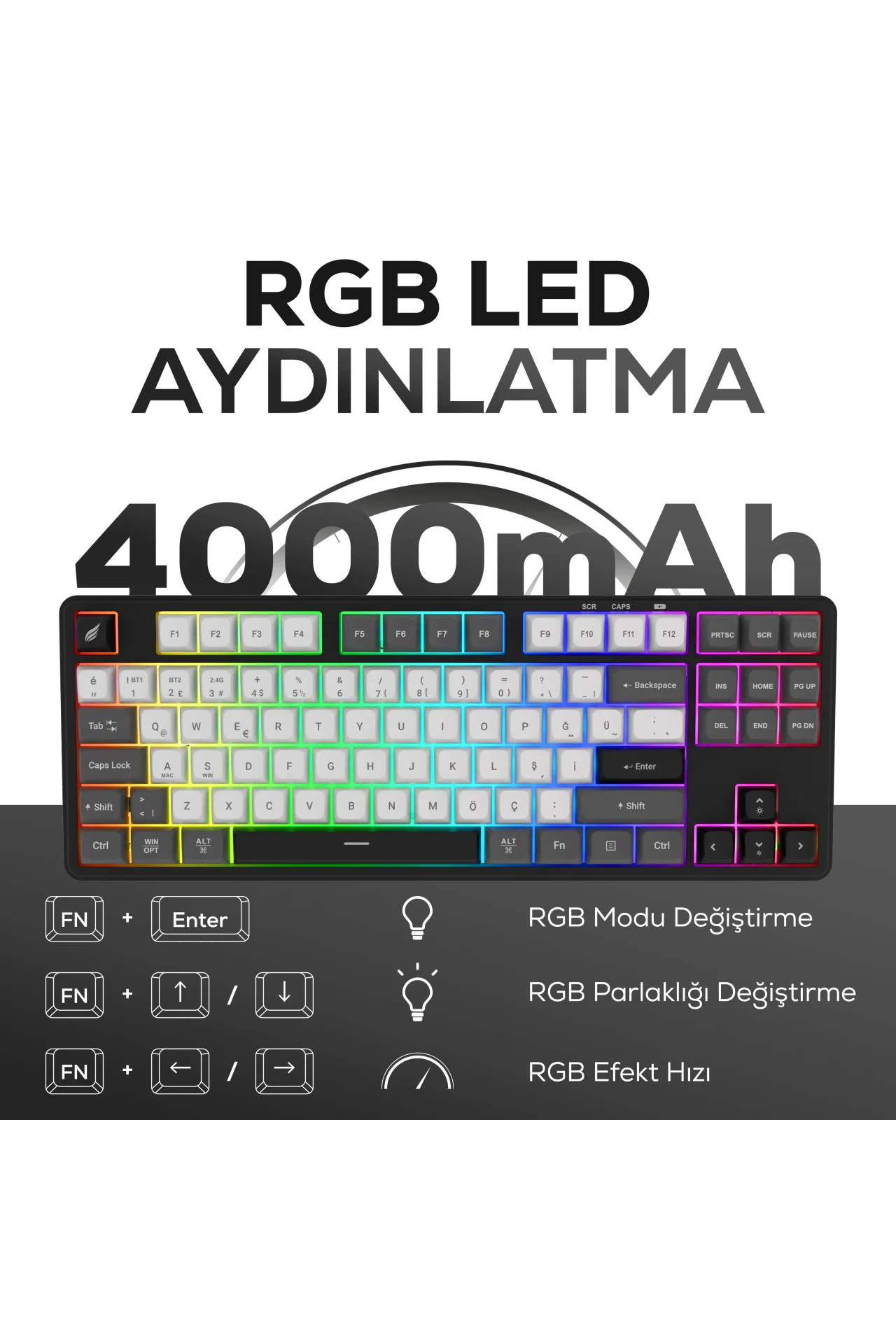 HK220 Membrane RGB Kablosuz/Bluetooth Siyah Beyaz TKL Türkçe Gaming Oyuncu Klavye