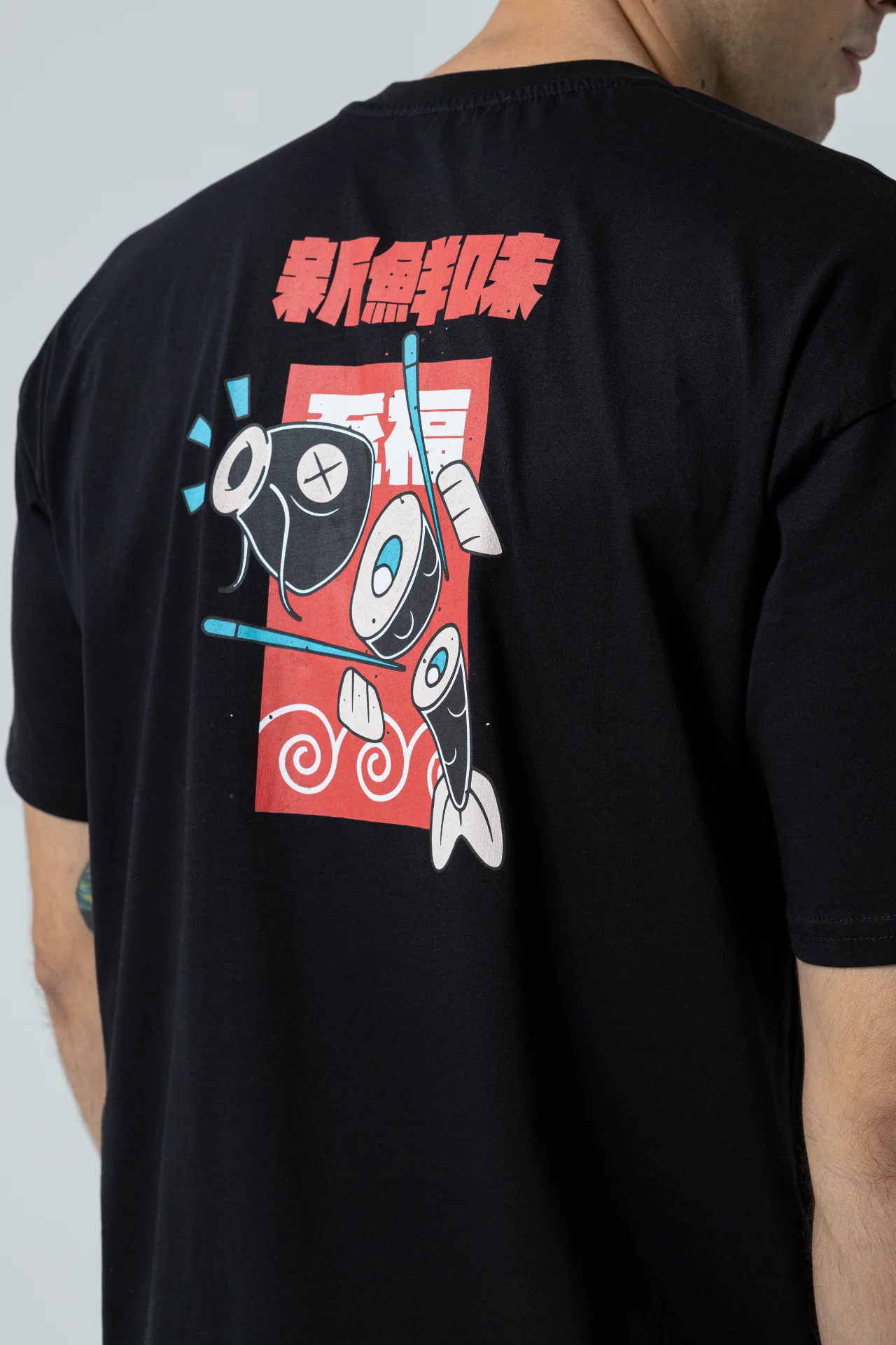 Fish Oversize Siyah T-Shirt