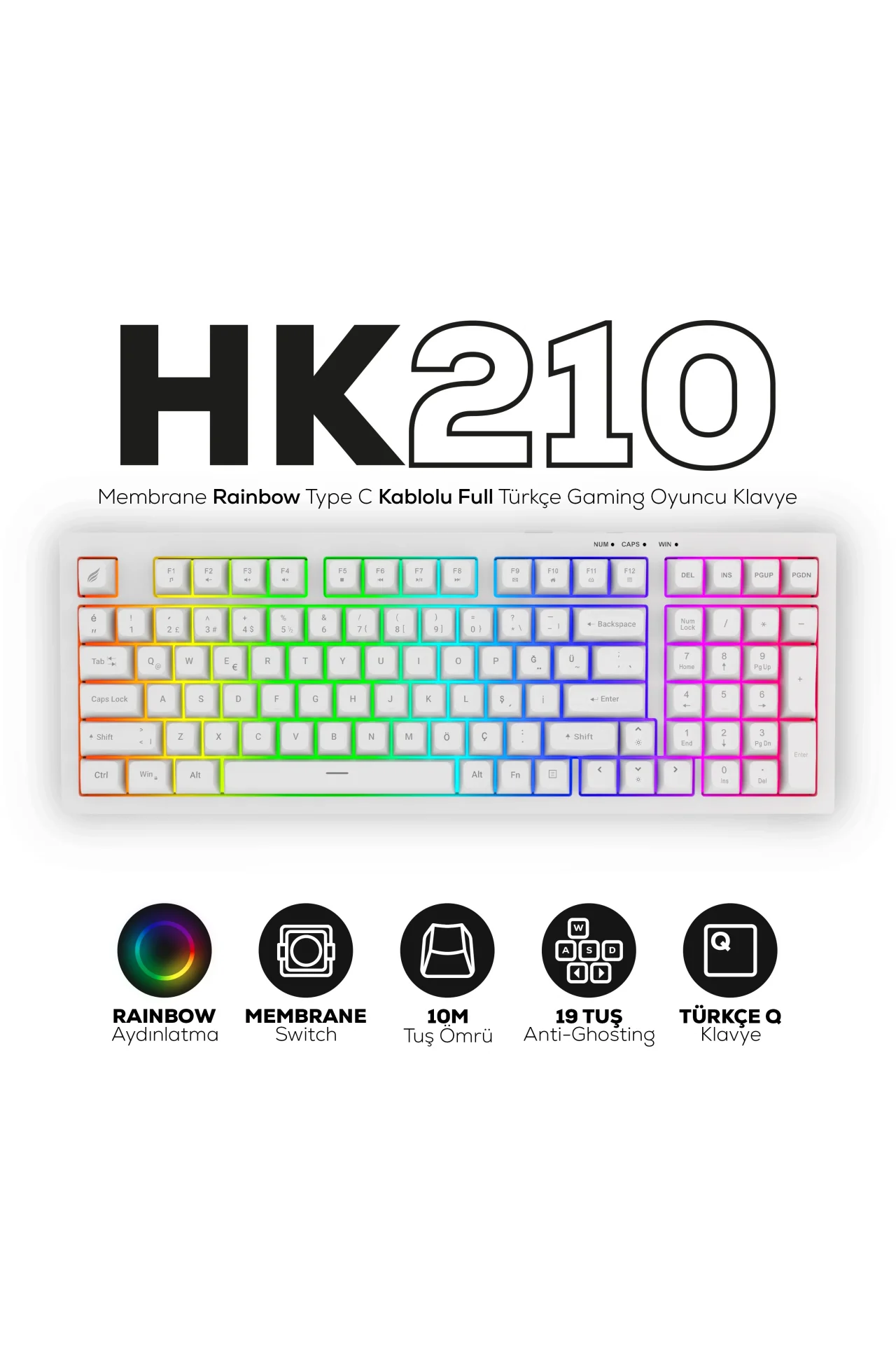 HK210 Membrane Rainbow Type C Kablolu Beyaz Full Türkçe Gaming Oyuncu Klavye