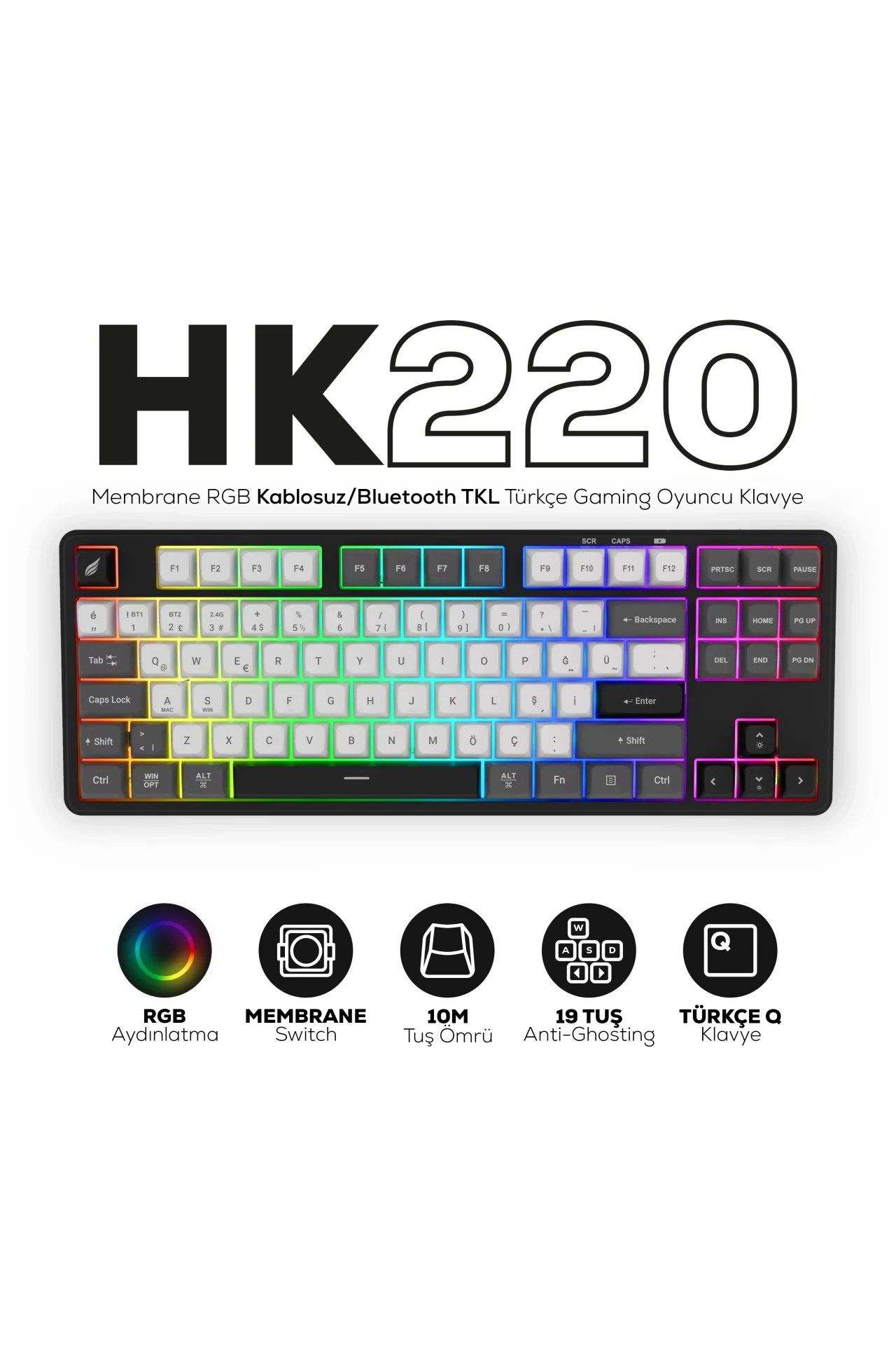 HK220 Membrane RGB Kablosuz/Bluetooth Siyah Beyaz TKL Türkçe Gaming Oyuncu Klavye