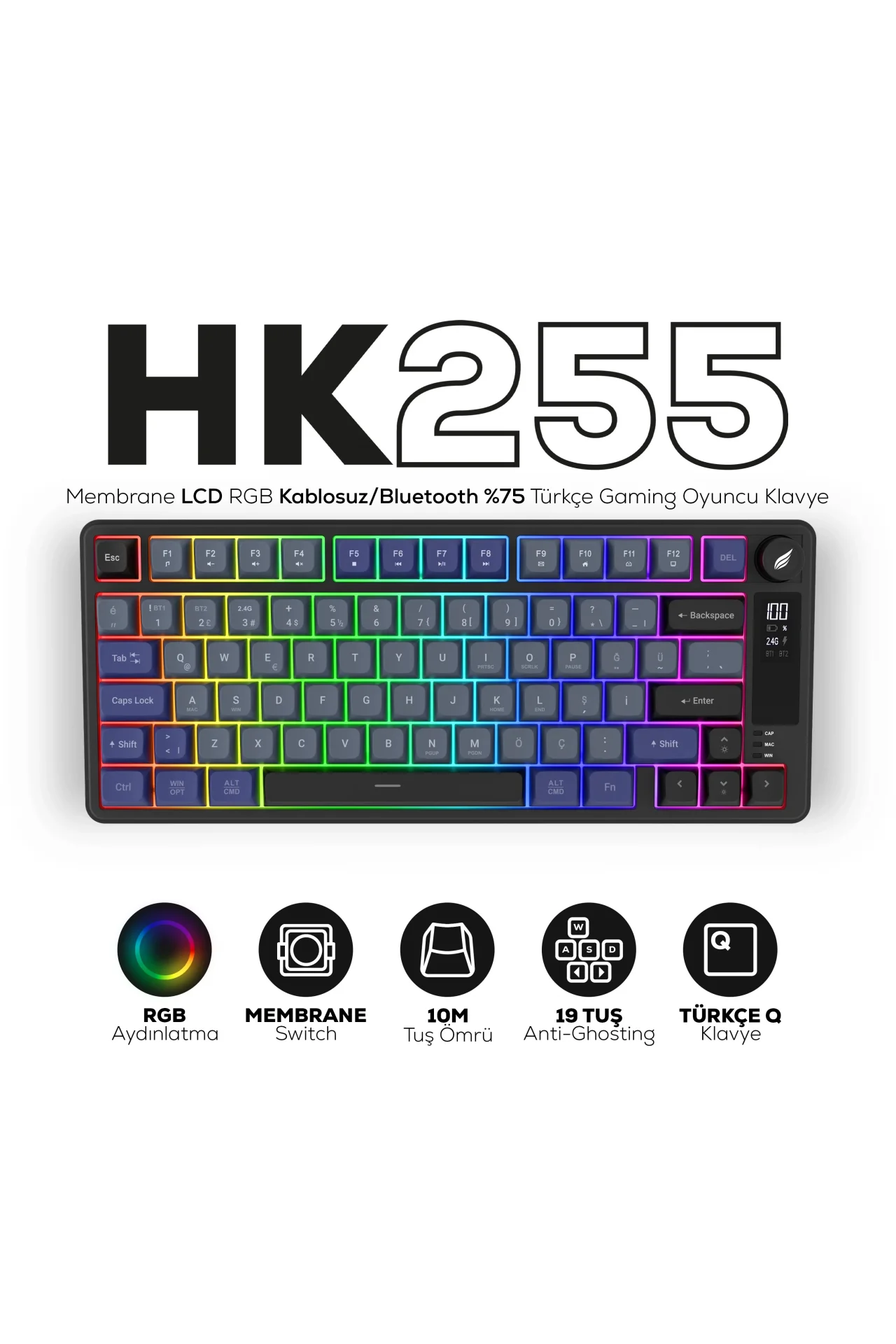 HK255 Membrane LCD RGB Kablosuz/Bluetooth Gri Mor %75 Türkçe Gaming Oyuncu Klavye